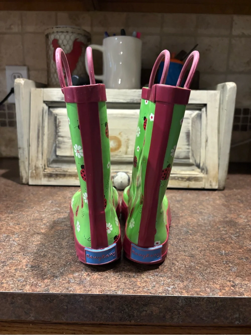 Kids Green Ladybug Rain Boots with Pink Trim